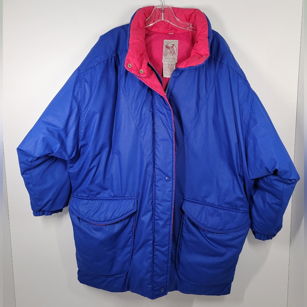 Vintage The Waters Edge Blue Pink Duck Down Parka Puffer Coat Jacket Women Sz L - Picture 1 of 5